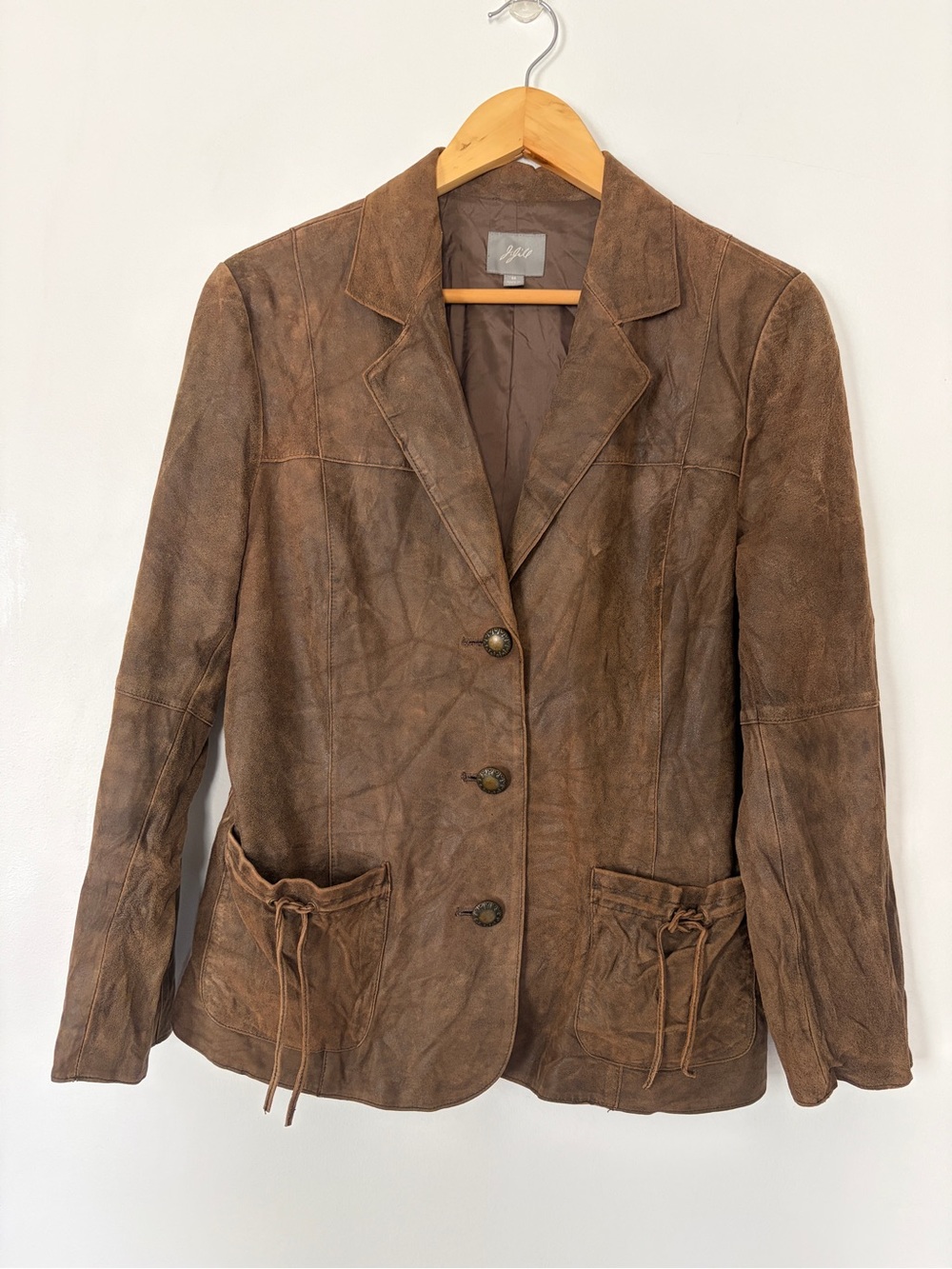 J.Jill Genuine Leather Jacket Women M Brown Distressed Suede-Look Blazer